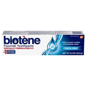 Biotene Fluoride Toothpaste for Dry Mouth Symptoms, Bad Breath Treatment and Cavity Prevention, Fresh Mint – 4.3 oz