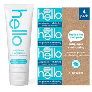 hello Antiplaque and Whitening Fluoride Free Toothpaste, Natural Peppermint Flavor, SLS Free, Gluten Free, Peroxide Free, Vegan, 4.7 Ounce (Pack of 4)