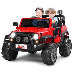 Costzon 2-Seater Ride on Truck, 12V Battery Powered Electric Vehicle Toy w/ Remote Control, 3 Speed, LED Lights, MP3, Horn, Music, 2 Doors Open, Spring Suspension, Ride on Car for Kids (Red)