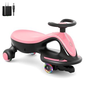 GLAF Electric Wiggle Car Ride On Toy for Kids Age 3 Years and up Electric Vehicles Swing Car for Boys Girls Rechargable Battery Powered Pedal Anti-Rollover Wheels with Colorful Lights (Pink)