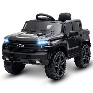 Chevrolet Silverado 12V Kids Boys and Girls Electric Ride on Truck Car Electric Vehicle with Parents Remote Control, 2 Speeds, 4 Wheels, LED Lights, Music (Black)