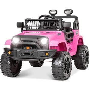 Electric Ride on Truck with Remote Control, 12V Battery Powered Electric, Spring Suspension, Remote Control, 3 Speeds, LED Lights, Birthday Festival Gift for Kids, Boys & Girls (Pink)