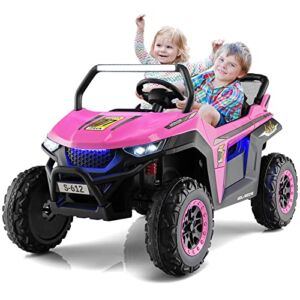 OLAKIDS 2 Seater Kids Ride On UTV, 12V Electric Truck Car with Remote Control, Power Wheel, Battery Powered Vehicle with Music, 4 Wheels Suspension, Bluetooth, MP3, USB, FM, Horn (Pink)