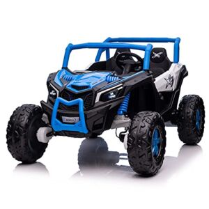 AOKOY 2023 New 24V Ride On UTV, 2 Seater Kids Car with Remote Control 4WD Ride On Truck 24V XXXL Ride On Toys 3-12yrs with Rubber-Plastic Polymerized EVA Tires Wheels Bluetooth, Blue