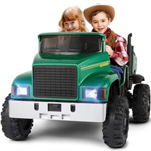 JOYLDIAS 2 Seater Ride On Car, 24V Battery-Powered Toy Tractor with Trailer, Ride On Toy with Dump Bed, Dual Motors, 4 Large Wheels, 2.4G Remote Control, 3 Speeds, Bluetooth, Green