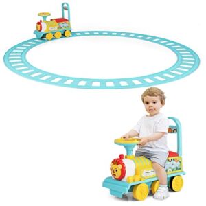 OLAKIDS Kids Ride On Train with Track, 6V Electric Toy with Lights and Sounds, Retractable Footrest, Under Seat Storage, Christmas Theme Battery Powered Gift for Toddlers Boys Girls (Lion Style)