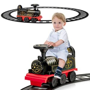 HONEY JOY Ride On Train with Tracks, 6V Battery Powered Electric Ride On Toy for Kids, 16 PCS Tracks, Flashing Lights & Music, Storage Seat, Playable Without Tracks, Gift for Boys Girls (Black)