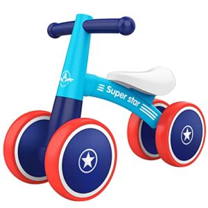antiai Baby Balance Bike Toys for 1 Year Old Boy,Toddler Bike Ride on Toys for 12-36 Month,1st Birthday Gift for Boy Girls,No Pedal Infant 4 Wheels,Adjustable Seat,Blue