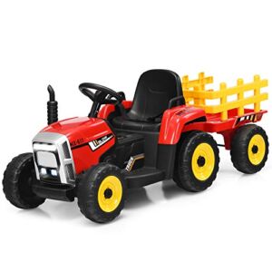 Costzon Ride on Tractor w/ Trailer, 12V Battery Powered Electric Vehicle Toy w/ Remote Control, 3-Gear-Shift Ground Loader, Treaded Tires, USB, LED Lights, Audio, Safety Belt, Kids Ride on Car (Red)