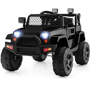 Costzon Ride on Car, 12V Battery Powered Truck Vehicle with Remote Control, Spring Suspension, Headlights, Music, Horn, MP3, USB & Aux Port, Gift for Boys Girls, Electric Car for Kids (Black)