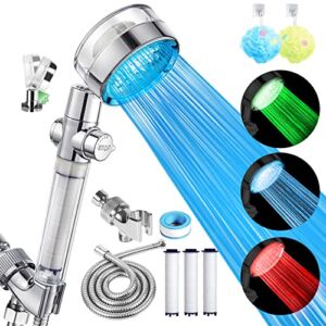 TGQQ LED Shower Head with Handheld, Shower Heads High Pressure Hydro Jet Shower Head with Hose, Holder & 3 Filters, 3 Water Temperature-Controlled Filtered Shower Head for Dry Hair& Skin