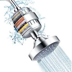 Shower Head and 15 Stage Shower Filter Combo, FEELSO High Pressure 5 Spray Settings Filtered Showerhead with Water Softener Filter Cartridge for Hard Water Remove Chlorine and Harmful Substances