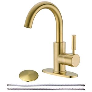 Single Handle Bathroom Lavatory Sink Faucet Mixer,Basin Faucet with Pop-up Sink Drain and Deck Plate,Bar Sink Faucet,Brushed Gold