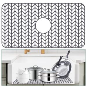 Silicone Sink Mat, BBYUS 26”x14” 1 Pcs Sink Protectors for Kitchen Sink, Suitable as Farmhouse Kitchen Sink Mats Central Drainage Non-slip And High Temperature Resistant (Grey Water Drop Grid)