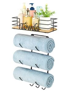 Towel Racks for Bathroom, Towel Holder Wall Mounted for Small Bathroom Wall, Towel Organizer with Wooden Board Shower Storage Caddy, Drilling and No-Drill Installation Options Available, Black