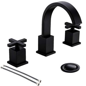 8 Inch 2 Handles Waterfall 3 Pieces 3 Holes Matte Black Lead- Free Widespread Bathroom Faucet by phiestina, Square Bathroom Sink Faucet with Metal Pop Up Drain and Water Supply Lines,WF001-10-MB
