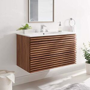 Modway Render 36″ Wall-Mount Bathroom Vanity in Walnut White
