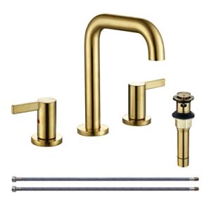 RKF Solid Brass Two Handle Widespread Bathroom Sink Faucet with METAL Pop-up Drain with overflow and CUPC Supply Hoses,CWF028-BG,Brushed Gold
