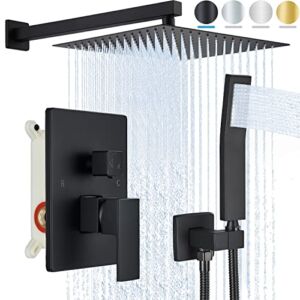 Ackwave Matte Black Shower System 12 Inches Shower Faucet Set, Rain Shower Head with Handheld Spray Bathroom Wall Mounted Shower Fixtures with Brass Valve and Trim Kit…