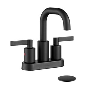 Matte Black 4 Inch Centerset Bathroom Sink Faucet 3 Holes with Pop Up Drain, Modern High Arc Two Handle Bathroom Vanity Faucet with Brass 360° Swivel Spout, TAF067S-MB