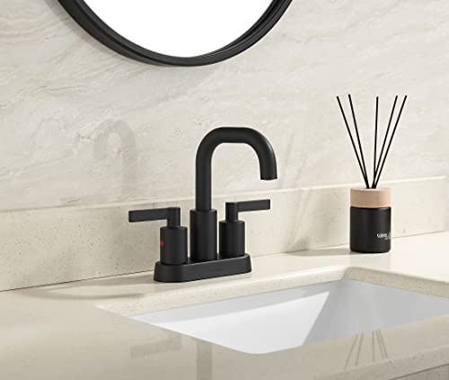 Matte Black 4 Inch Centerset Bathroom Sink Faucet 3 Holes with Pop Up Drain, Modern High Arc Two Handle Bathroom Vanity Faucet with Brass 360° Swivel Spout, TAF067S-MB | The Storepaperoomates Retail Market - Fast Affordable Shopping