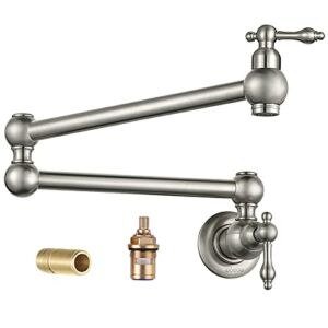 WOWOW Pot Filler Faucet Wall Mount Brass Faucets Kitchen Commercial Faucet Folding Kitchen Faucet Lead-Free Restaurant Faucets Copper 2 Handles Brushed Nickel Double Joint Swing Arm Faucet