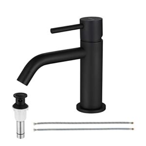 EZANDA Brass Single Handle Bathroom Faucet with Pop-up Sink Drain Assembly & Faucet Supply Lines, Matte Black, 1431104