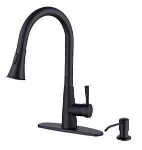 RKF Pull Down Kitchen Faucet with Sprayer,Single Handle High ArcPull Out Spray Head Kitchen Sink Faucets with Deck Plate and dispenser,Matte Black,198003/MB