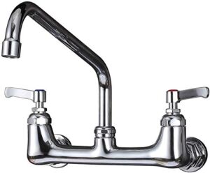 CWM Wall Mount Kitchen Faucet 8″ Center Commercial Faucets with 12 Inch Swivel Spout