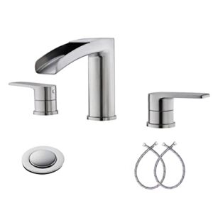 Waterfall Brushed Nickel Bathroom Faucet, 3 Hole Widespread RV/ Vanity/ Utility Sink Faucet, with Pop Up Drain and Water Supply Line by Phiestina, NS-WF005-BN