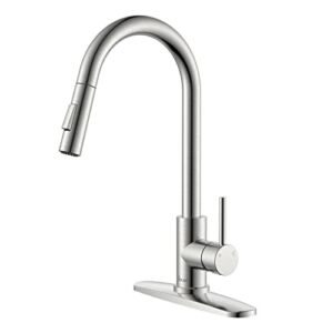 APPASO Kitchen Faucet with Pull Down Sprayer Brushed Nickel, Single-Handle High Arc Swan-Neck Modern Kitchen Sink Faucet with Optional Deck Plate Stainless Steel, Silver