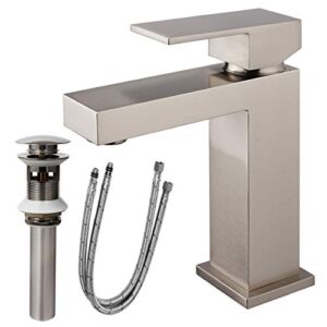 AWARA Modern Bathroom Faucet, Brushed Nickel Single Hole Bathroom Faucet, Solid Brass Bathroom Sink Faucet, Single Handle Square Bathroom Faucet with Pop-up Drain