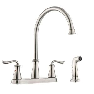 Brushed Nickel Kitchen Sink Faucet with Side Sprayer Pull Out, DAYONE Two 2 Handles 8 Inches Centerset Stainless Steel Sink Faucets for RV Laundry Utility Bar, 4 Holes Installation (8-in), DAY-285BN