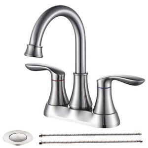 GELE Bathroom Faucet Brushed Nickel with Pop-up Drain & Supply Hoses Two-Handle 360 Degree High Arc Swivel Spout Centerset 4 Inch Vanity Sink Faucet 4011B-NP