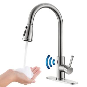 GUUKAR Touchless Kitchen Faucet, Single Handle Motion Sensor Kitchen Sink Faucet with Pull Down Sprayer, Brushed Stainless Steel 3 Way Faucet for Kitchen Sink with 10 inches Deck Plate