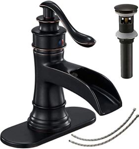 Bathroom Faucet Oil Rubbed Bronze Waterfall Sink Bath Faucets Farmhouse Spout Lavatory Vanity Deck Mount Single-Handle One Hole Matching Pop Up Drain Stopper Supply Lines Hose Lead-Free By Bathfinesse