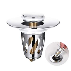 HAOMIAO Bathroom Sink Stopper, Brass Pop Up Wash Basin Plug Cover for Bathtub drains, Anti-Clogging Bath Plug Stopper Sink Drain Strainer with Basket Spiral Drainage is Faster(Chrome)