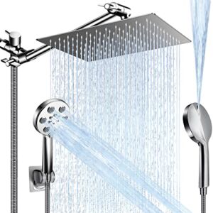 Rain Shower Head with Handheld Spray, 12″ High Pressure Rainfall Shower Head with 11″ Extension Arm, 6 Settings Anti-leak Handheld Shower Heads with Hose, Built-in Power Wash, Height/Angle Adjustable