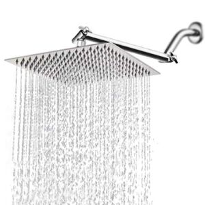 HarJue High Pressure Large Stainless Steel Square Rain ShowerHead With Shower Arm Waterfall Full Body Coverage Easy to Clean and Install (12” Square Shower Head With Arm, Chrome Finish)