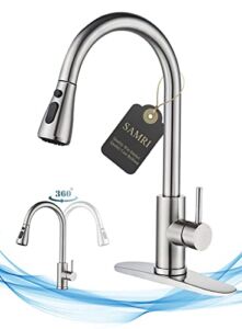 Kitchen Faucets with Pull Down Sprayer, SAMRI High Arc Single Lever Single Handle Stainless Steel Brushed Kitchen Sink Faucets with Pull Out Sprayer and Brass Valve, for Kitchen RV Bar Sink