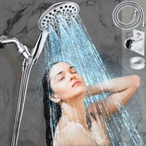 Veken 6-inch Large Handheld Shower Head – 6 Settings High Pressure Shower Head with Handheld, Shower Heads with 60 Inch Anti-Tangle Hose, Chrome