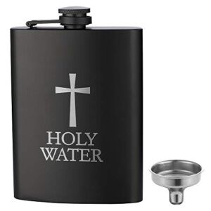 HOLY WATER, JXS 8oz 18/8#304 Stainless Steel Black Hip Flask for Liquor, Leakproof with Funnel Gift Package