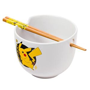 Silver Buffalo Pokemon Pikachu Japanese Text Ceramic Ramen Noodle Bowl with Chopsticks, 20oz