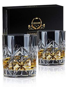 Whiskey Glass Set of 2, veecom 10 oz Crystal Whiskey Glasses Thick Bottom Bourbon Glasses Old Fashioned Rocks Glass Tumbler for Scotch, Cocktail, Liquor, Home Bar Whiskey Gifts for Men (Glass Set 2)