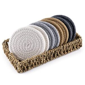 Coasters for Drink Absorbent, Handmade Woven Coasters Set of 8 with Seagrass Basket Holder, Heat-Resistant Coaster for Table Protection, Boho Fabric Coasters Suitable for Kinds of Cups