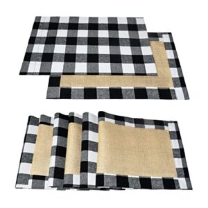 Senneny Set of 6 Christmas Placemats Buffalo Check Placemats Black White Plaid Reversible Burlap & Cotton Placemats for Christmas Holiday Table Home Decoration