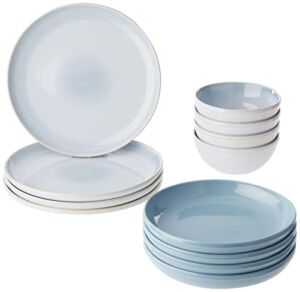Corelle Stoneware 12-Pc Dinnerware Set, Handcrafted Artisanal Double Bead Plates and Bowls, Solid and Reactive Glazes, Dining Plate Set, Nordic Blue