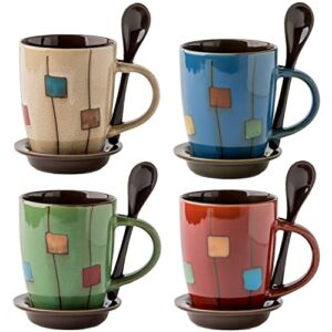 Cute 12 Piece Coffee Mug Set of 4 – Ceramic Tea Cup With Saucers and Spoons in Handle, Microwave and Dishwasher Safe Cups – Latte Mugs For Barista, Shop, Cappuccino and Cafe – Great for Novelty Gifts