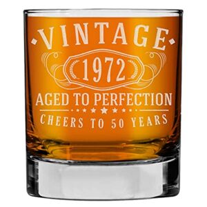 Vintage 1972 Anniversary Etched 11oz Whiskey Rocks Glass -50th Birthday Aged to Perfection – 50 years old gifts Bourbon Scotch Lowball Old Fashioned