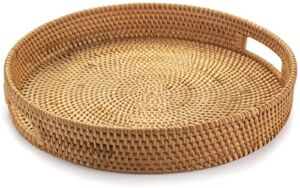 Rattan Round Serving Tray, Hand Woven Serving Basket with Cut – Out Handles, Wicker Fruit/Bread Serving Basket, 11.8 inch